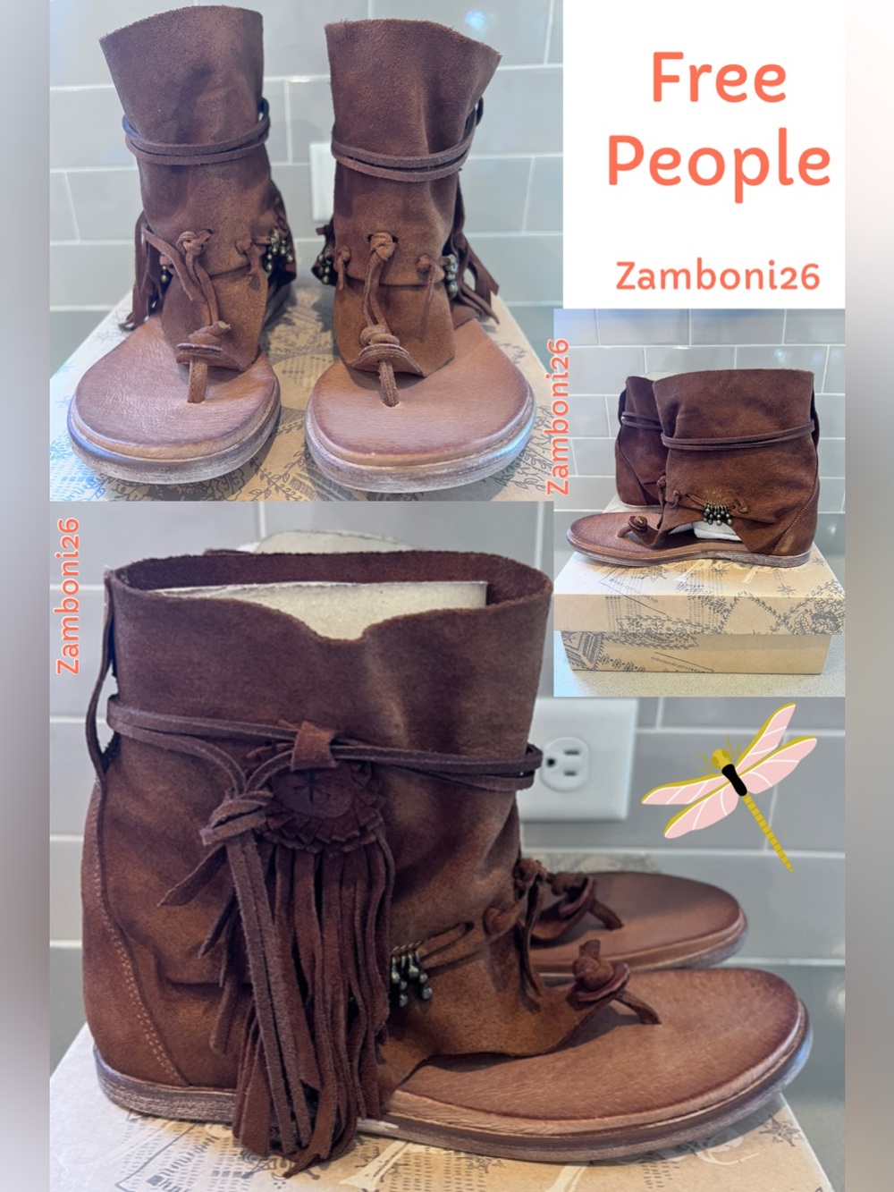 Free People Brown Suede Fringe Ankle Booties Averra Sandal Sz 37 Never Worn